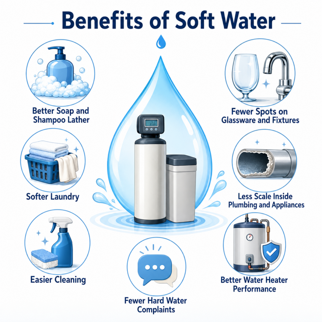 Benefits of soft water infographic showing better lather, fewer spots, softer laundry, and less scale.