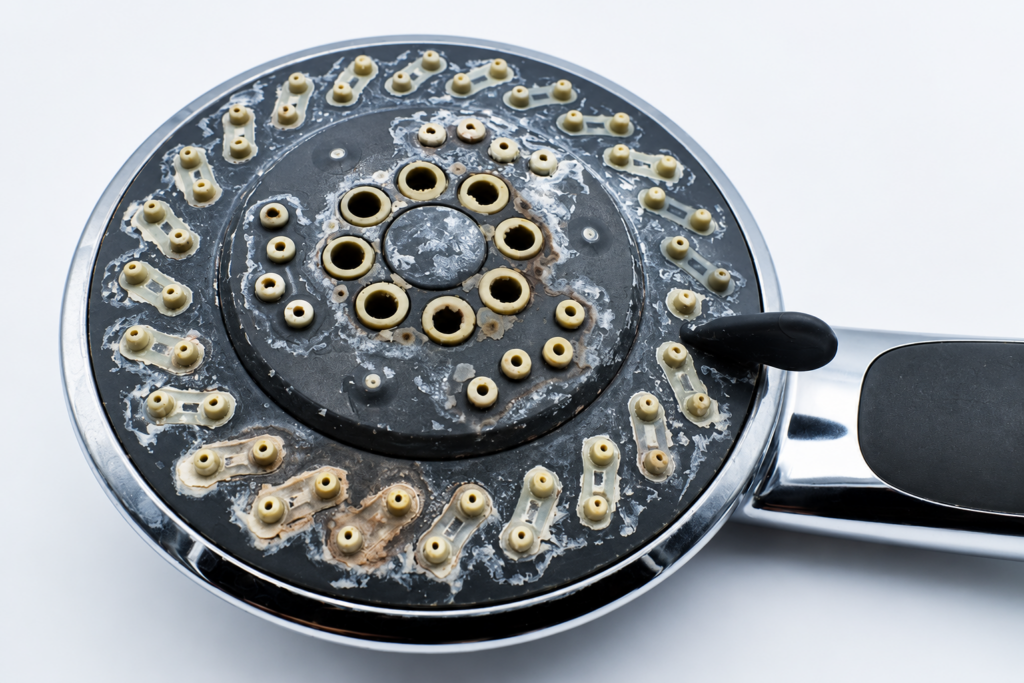 Limescale and hard water build-up clogging showerhead spray holes.