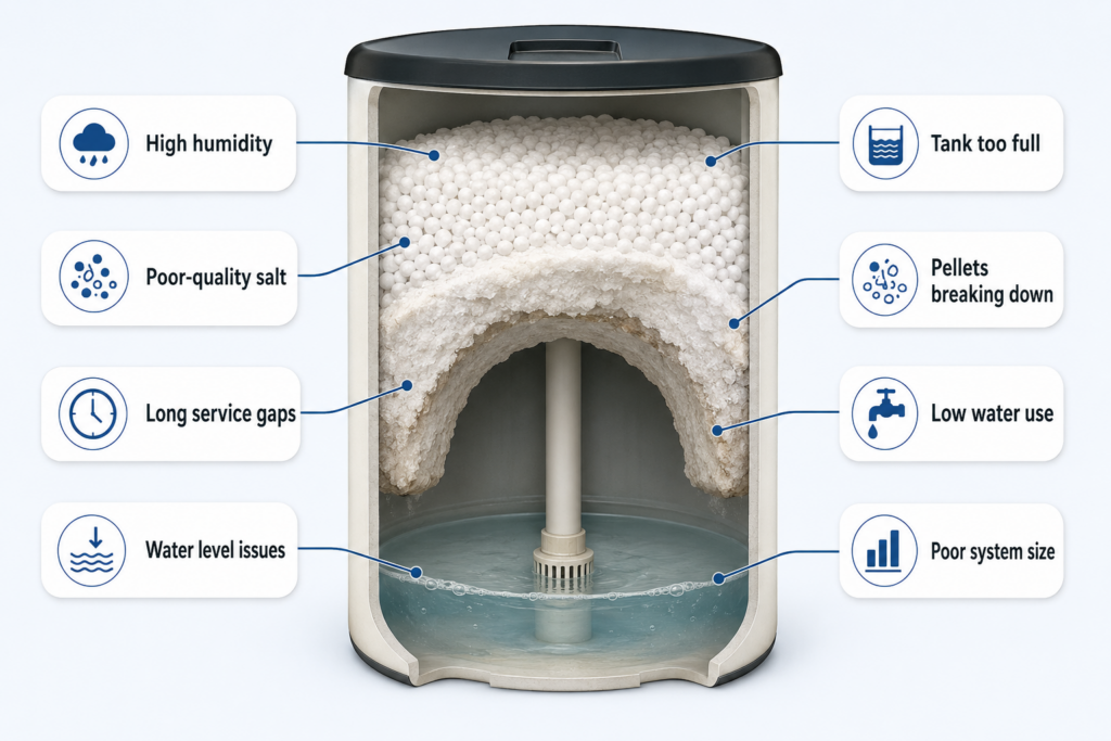 Cutaway brine tank showing common causes of a water softener salt bridge.