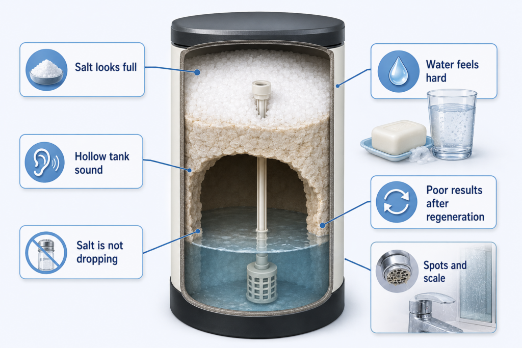 Cutaway brine tank showing signs of a water softener salt bridge, hard water, spots, and scale.