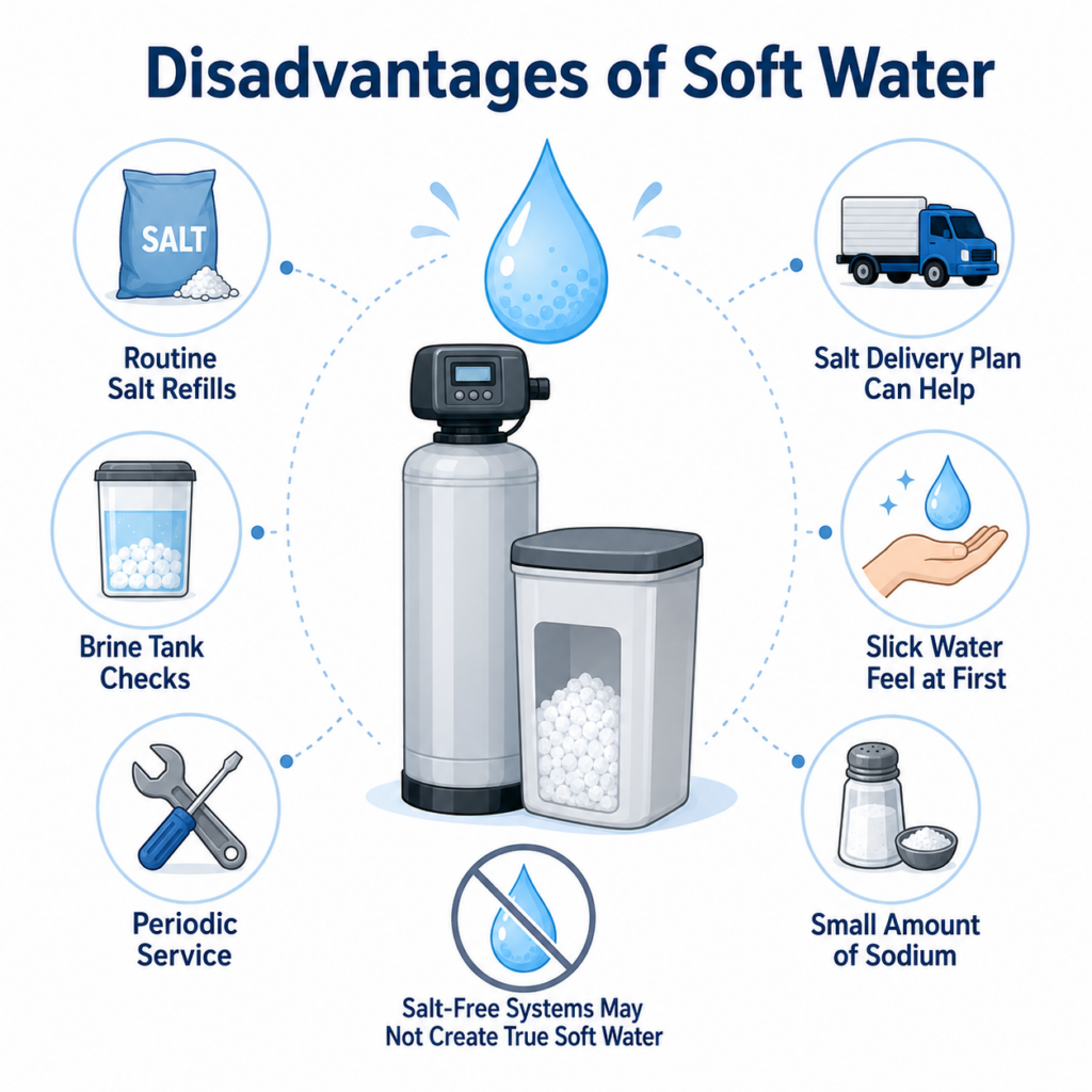 Disadvantages of soft water infographic showing salt refills, brine checks, service, and sodium concerns.