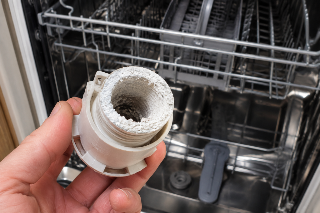 Hard water scale build-up inside a dishwasher part caused by mineral residue.