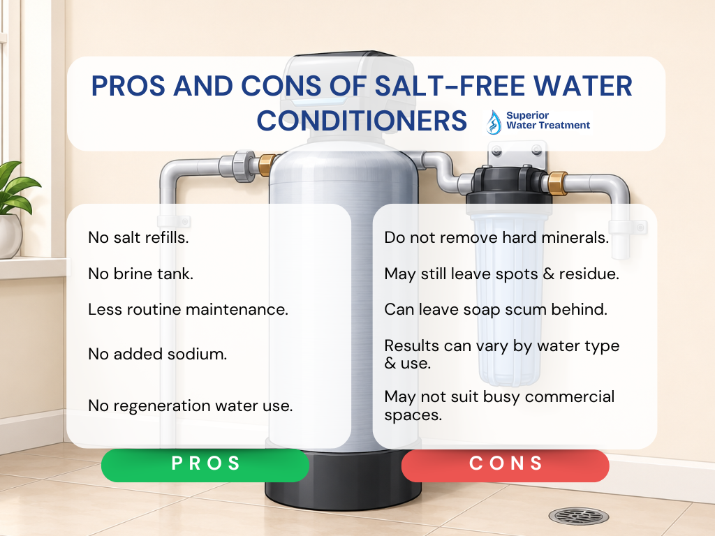 Pros and cons infographic for salt-free water conditioners with tank, pipes, and water system.
