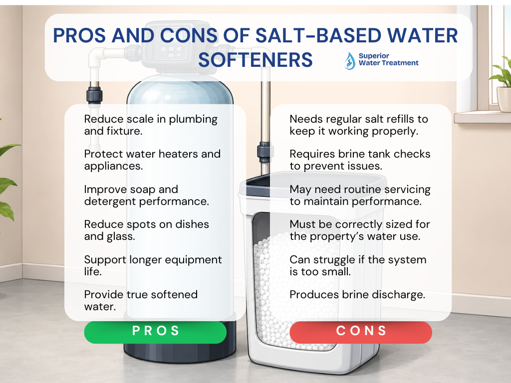 Pros and cons infographic for salt-based water softeners with tank, salt chamber, and plumbing.