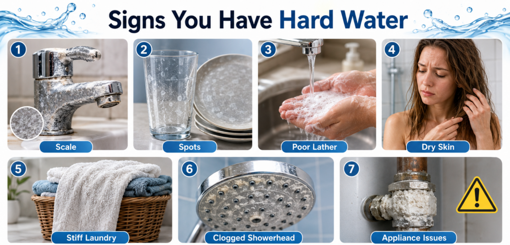 Signs of hard water infographic showing scale, spots, poor lather, dry skin, stiff laundry, and clogged fixtures.