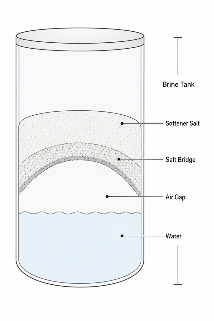 Water softener brine tank diagram showing a salt bridge, air gap, salt layer, and water level.