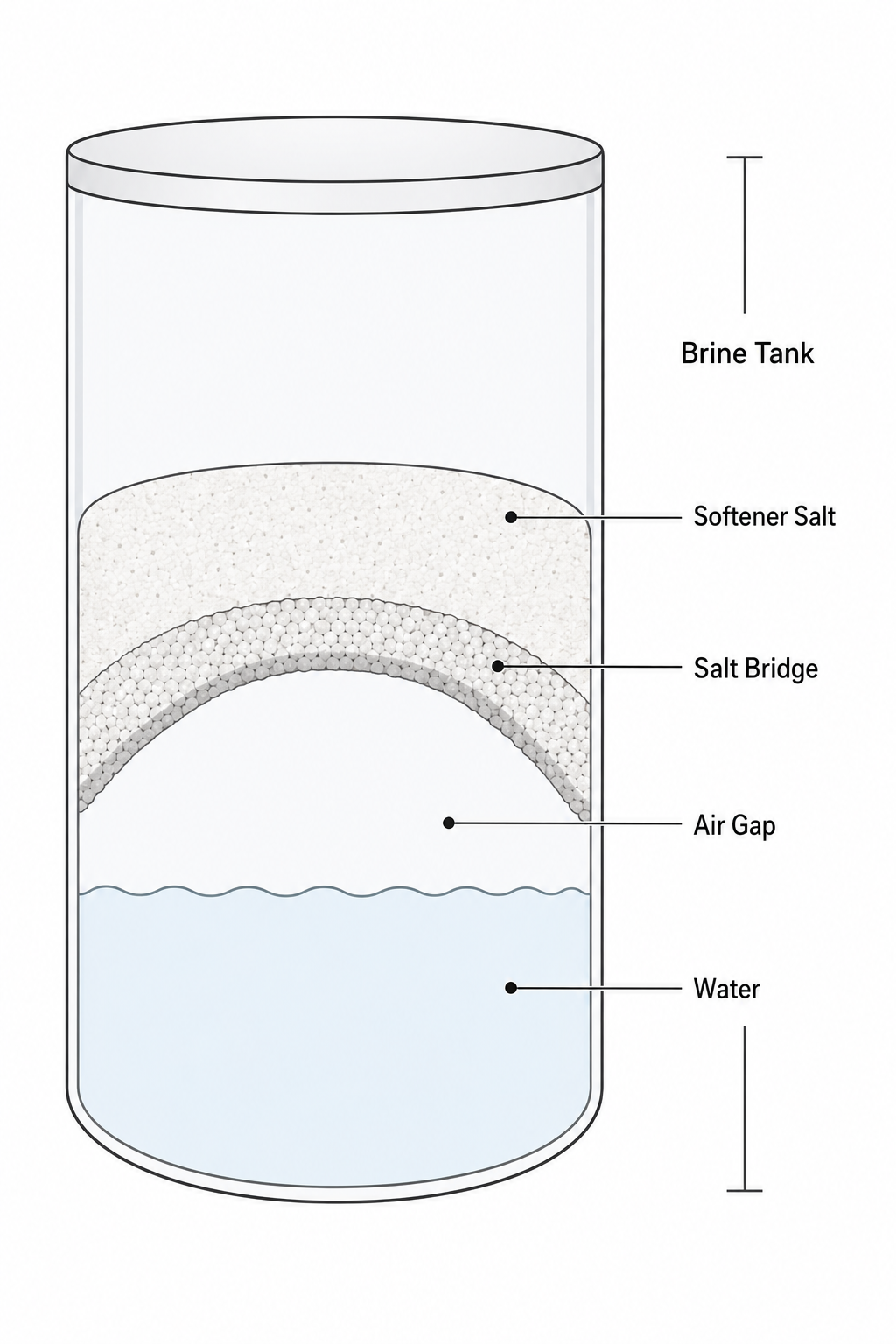 Water softener brine tank diagram showing a salt bridge, air gap, salt layer, and water level.