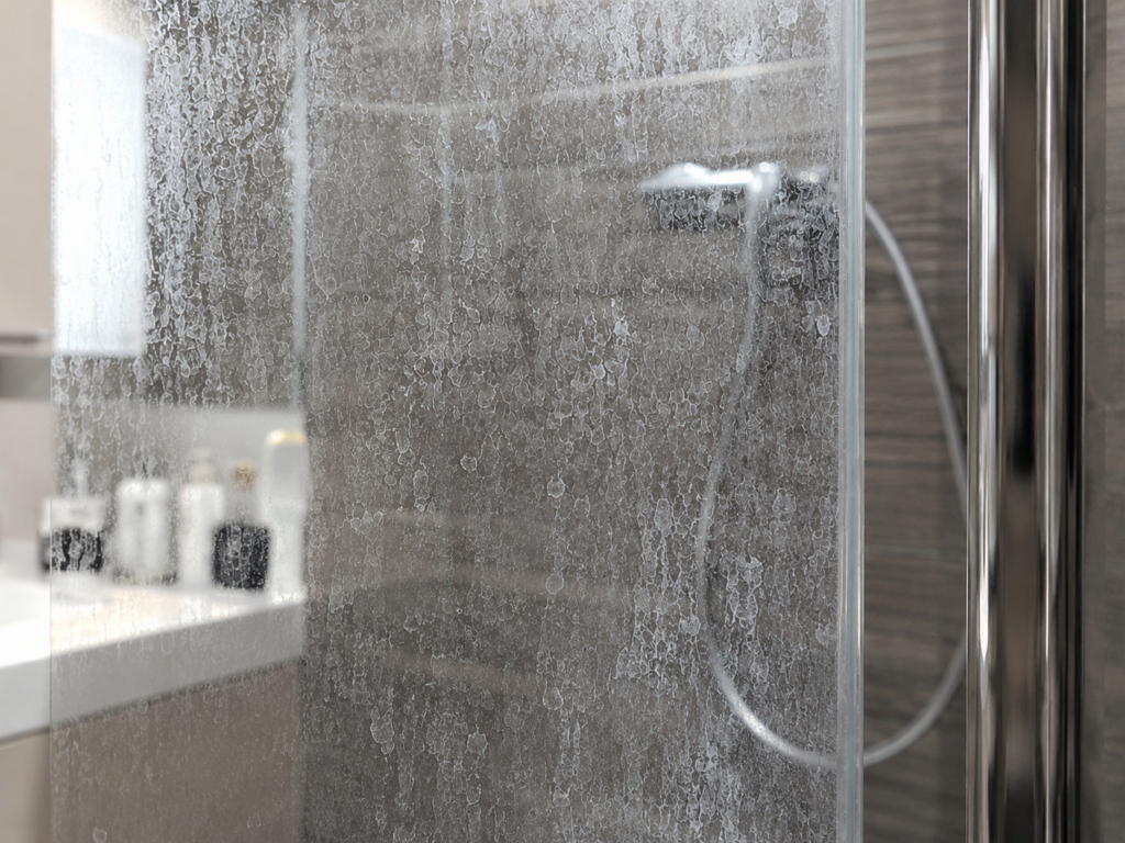 Hard water scale and cloudy mineral build-up on a glass shower door.