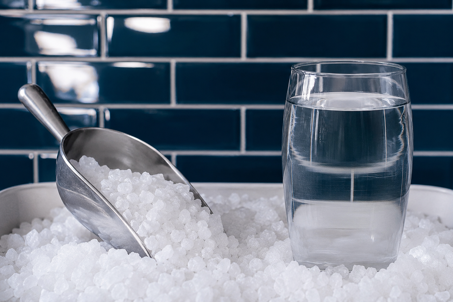 Water softener salt beside a glass of water for a salt-based vs salt-free softener comparison.
