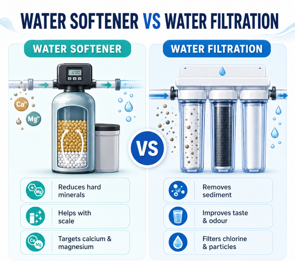 Water softener vs water filtration infographic comparing minerals, scale, sediment, chlorine, and particles.